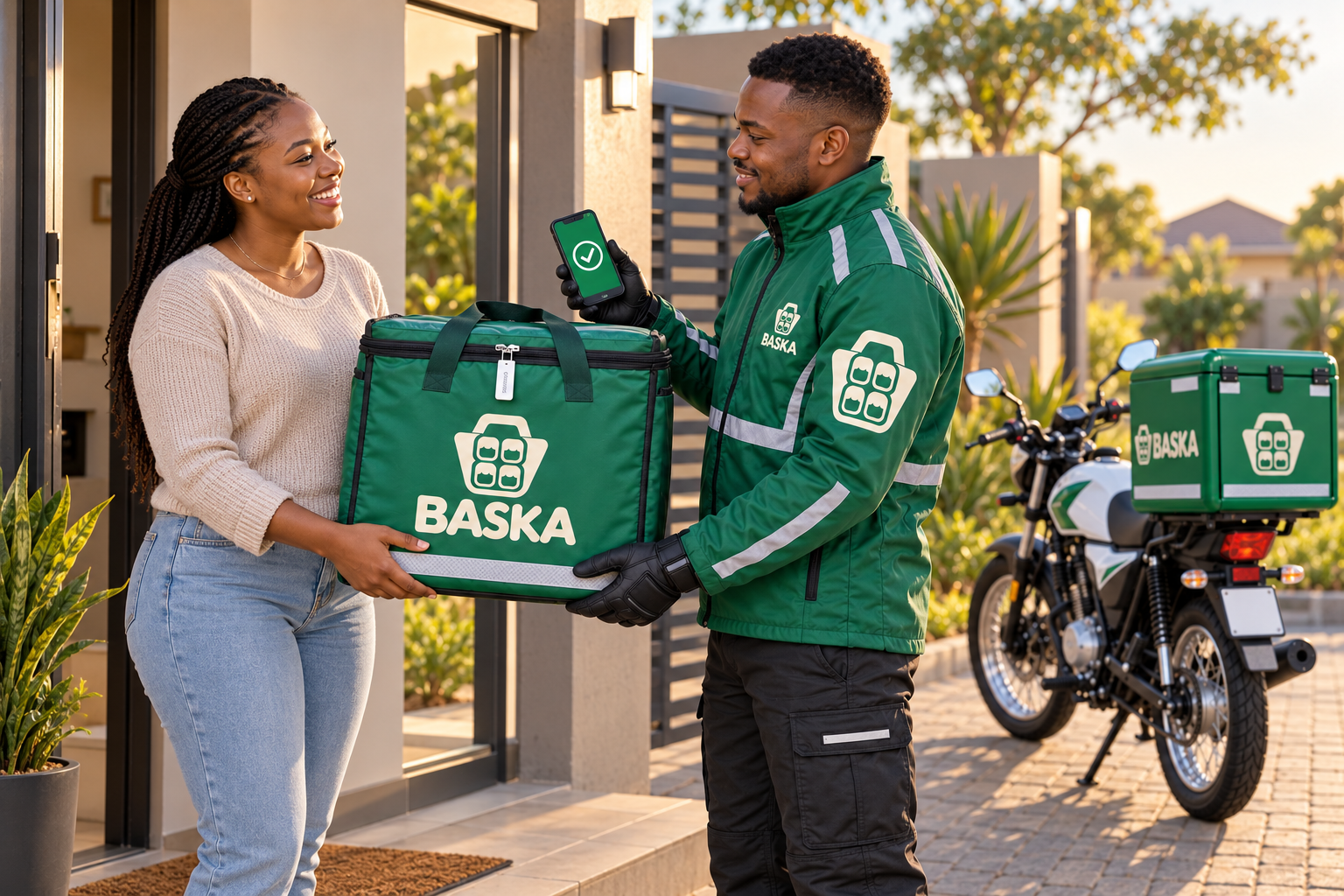 Baska rider handing a green insulated Baska bag to a customer at her front door